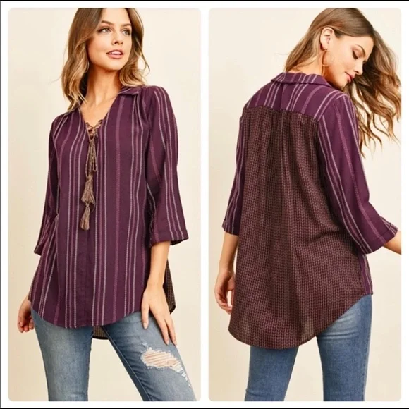 BOHO shirt woven knit TOP variegated stripe jacquard top S TRENDING deep Purple - Picture 16 of 16